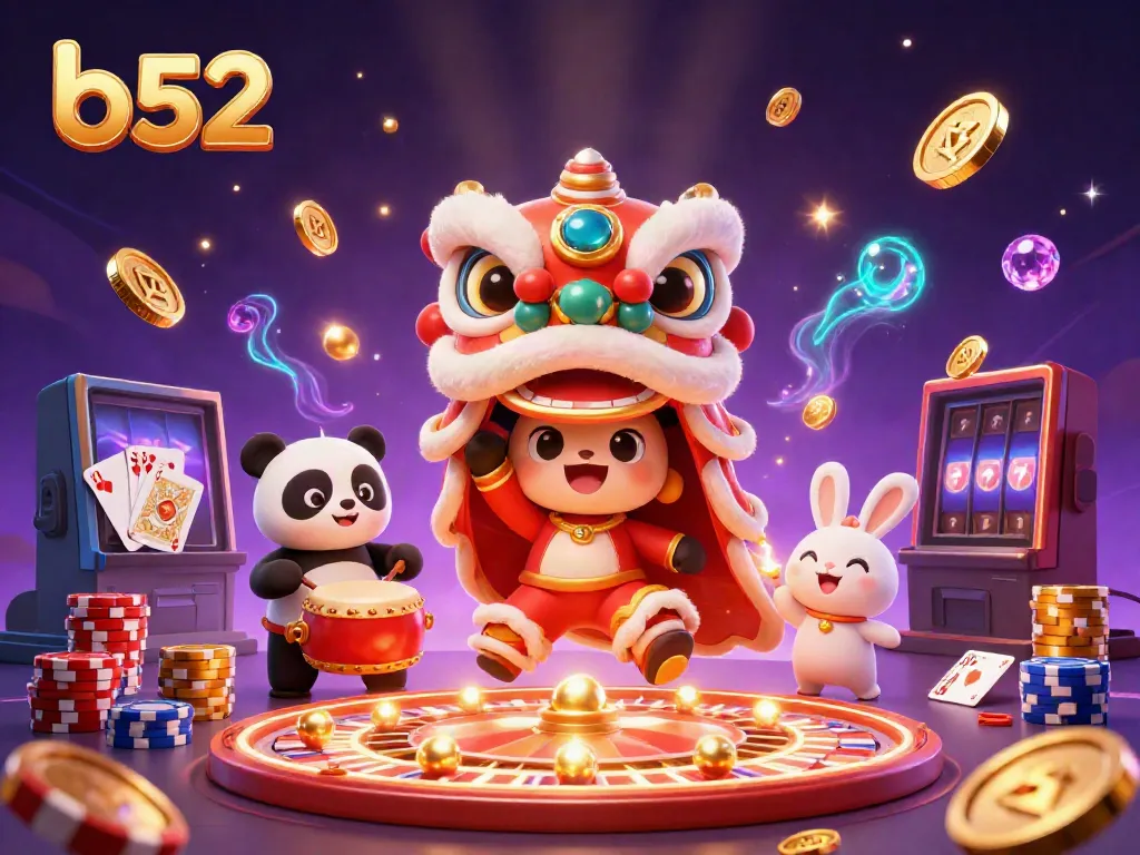 Experience the thrill of b52 gaming with a lively lion dance, coins, and casino elements sparking excitement.