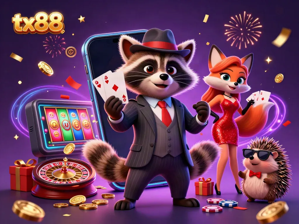 Experience the excitement of tx88 with a suave raccoon and friends enjoying casino games in style.