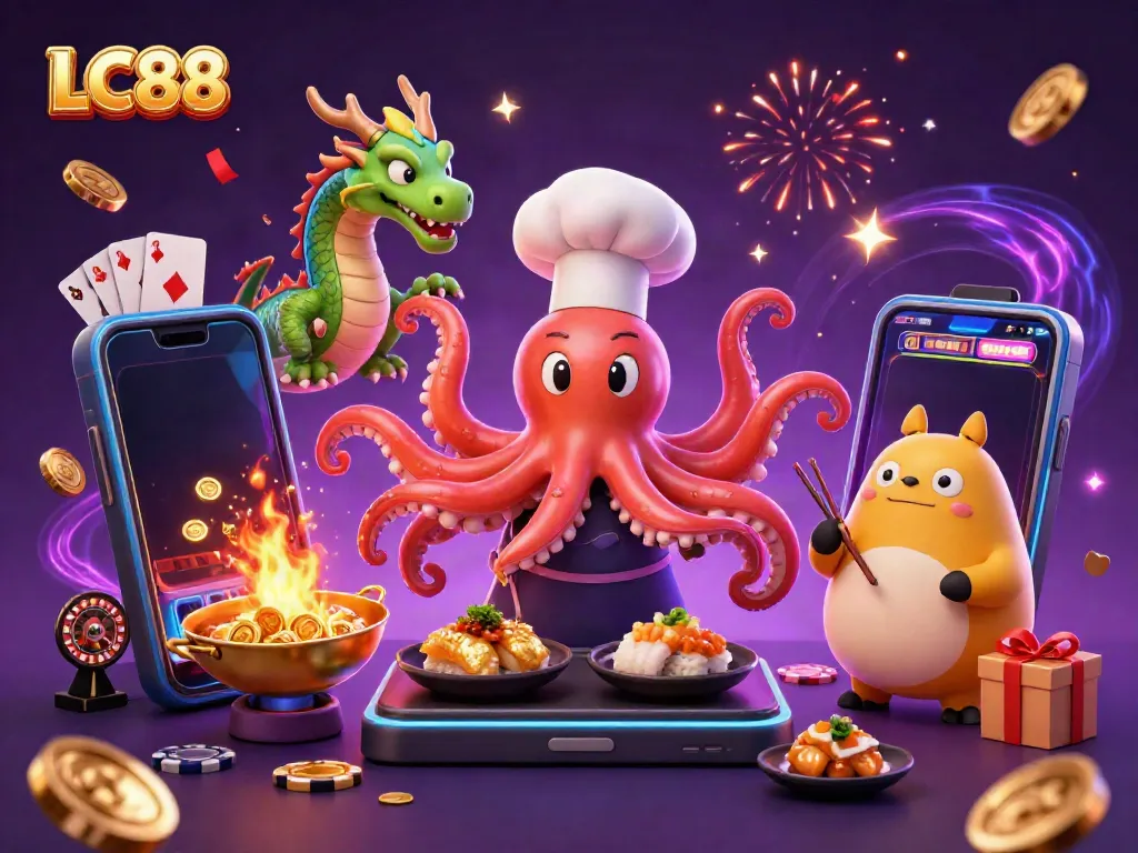 Experience gaming excitement with LC88's 3D cartoon characters and vibrant slot elements.