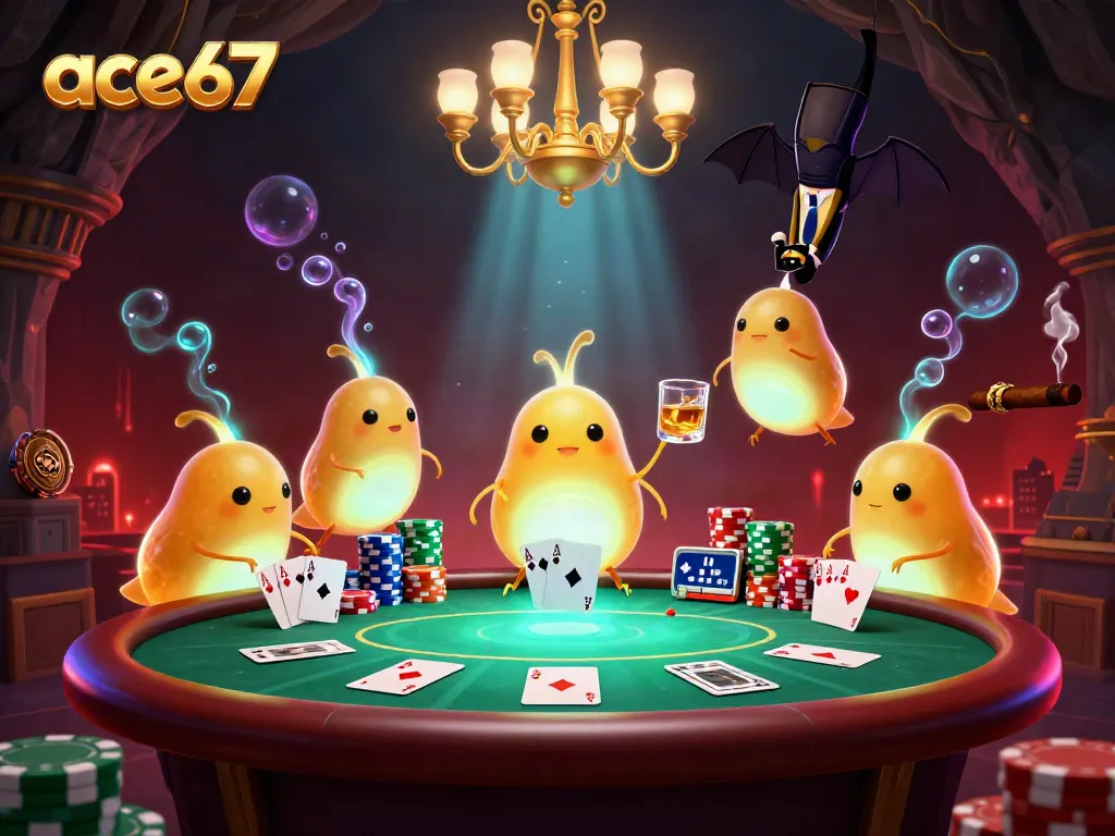Experience the vibrant glow of ace67’s casino scene with bioluminescent creatures and poker elements.