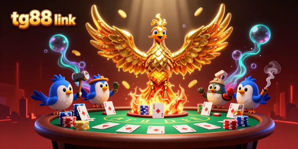 Win with tg88 link in this vibrant 3D rendering of a molten phoenix surrounded by poker elements.