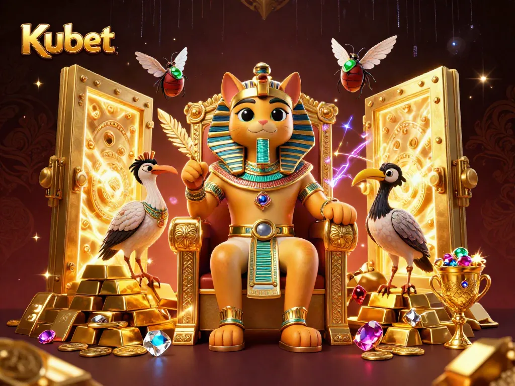 Kubet gaming illustration showcasing excitement with a pharaoh cat, treasures, and vibrant casino elements.
