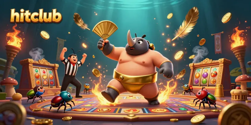 Experience the excitement of hitclub with a victorious rhinoceros beetle champion in a dynamic casino scene.