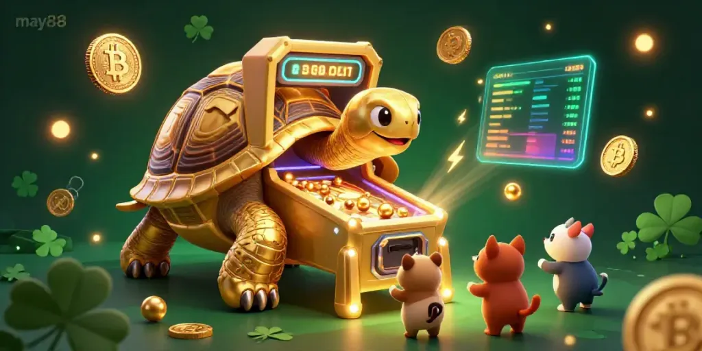 Engage with may88's vibrant casino scene featuring a colossal golden tortoise playing a pinball game amidst thrilling crypto elements.