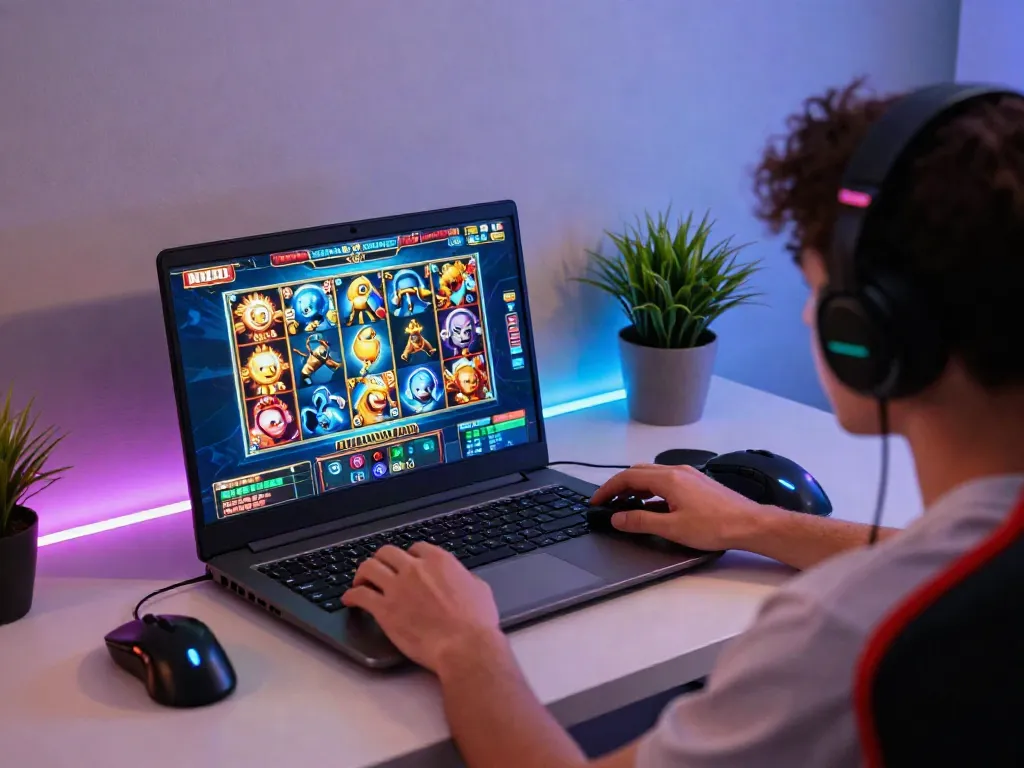 Exciting gaming scene showcasing a user engaging with situs gacor on laptop with vibrant graphics and gaming accessories.