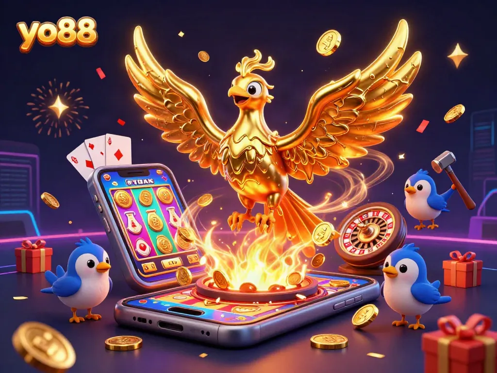 Experience exciting wins with yo88's vibrant casino illustration featuring magical elements and gaming excitement.