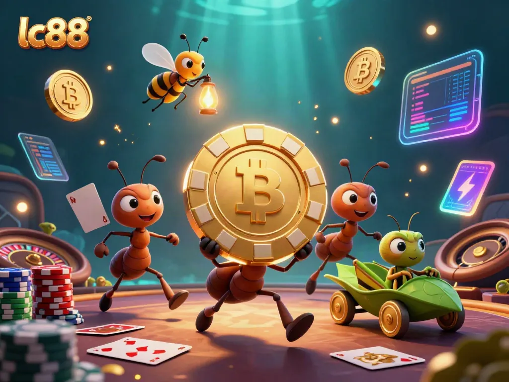Experience the excitement of lc88 with ants pulling off a golden poker chip heist amidst casino elements.