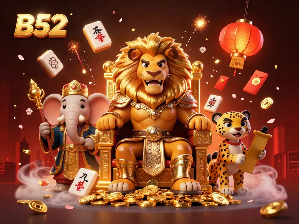 Engage with the B52 online casino experience featuring a regal lion and vibrant decorations.