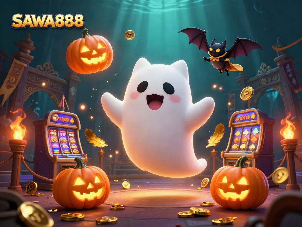 SAWA888 showcases a thrilling haunted casino scene with vibrant characters and dynamic gaming elements.