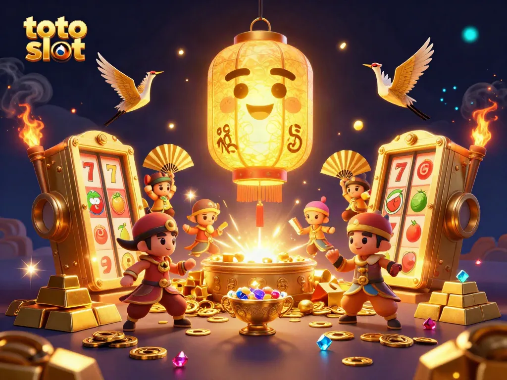 Experience thrilling toto slot action with a golden lantern spirit and vibrant casino elements.
