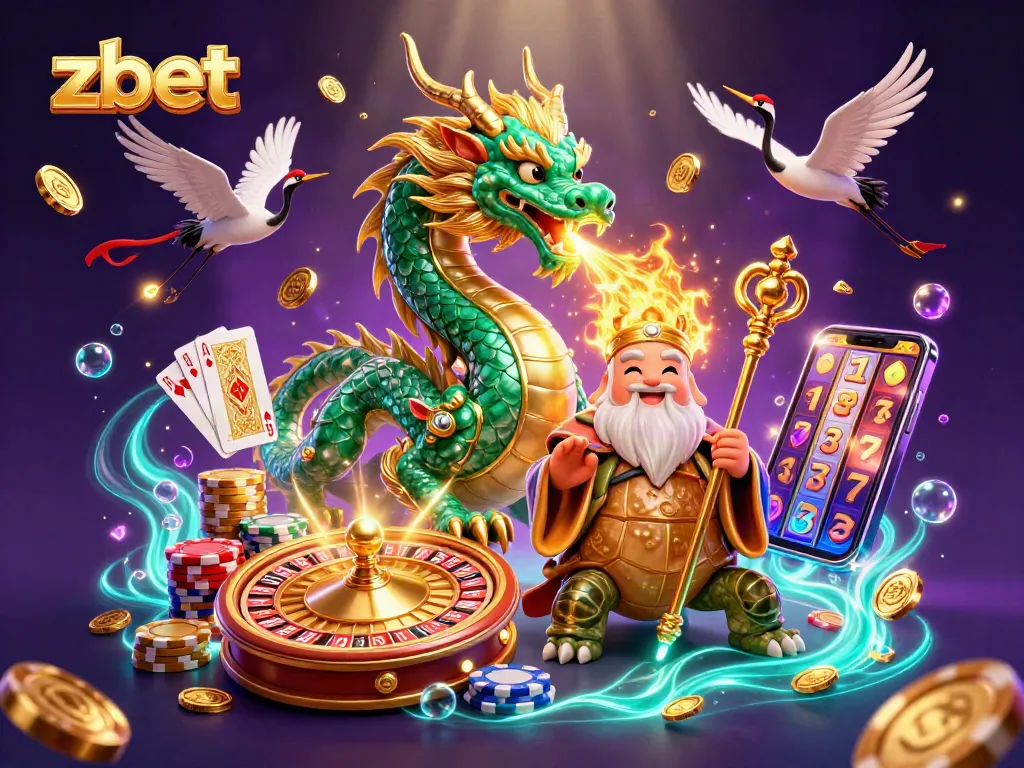 Experience thrilling gaming at zbet with a vibrant scene of dragons, turtles, and casino elements.