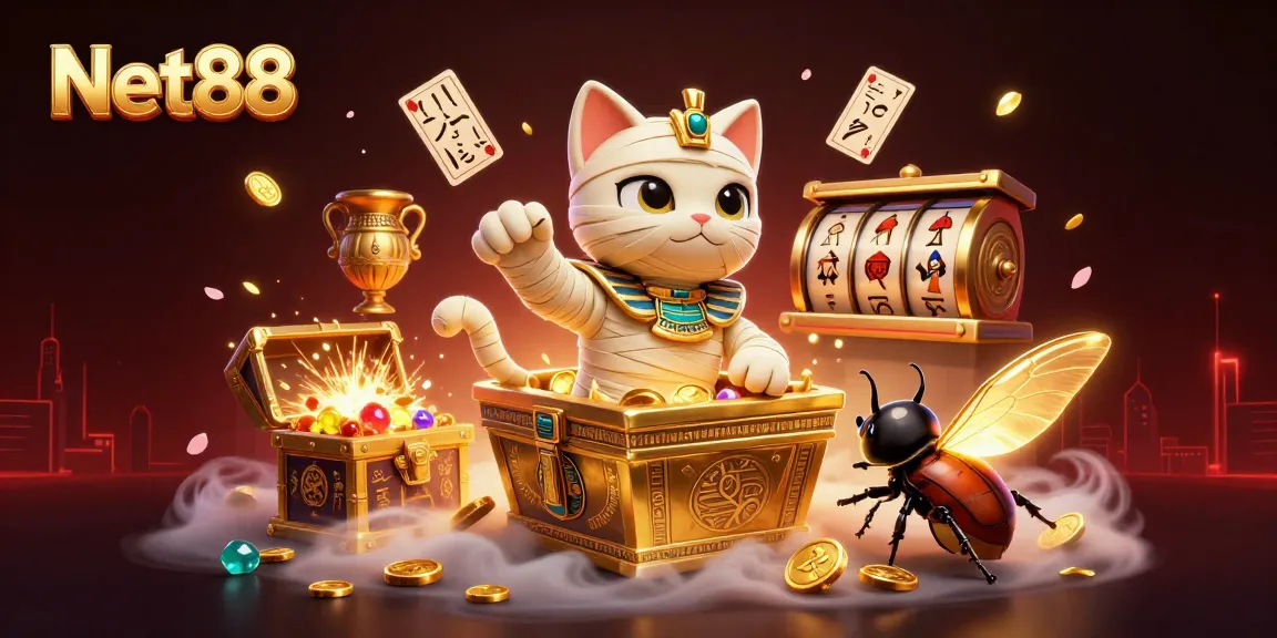 Net88 showcases an Egyptian mummy cat and glowing scarab amidst vibrant casino elements for an immersive gaming experience.