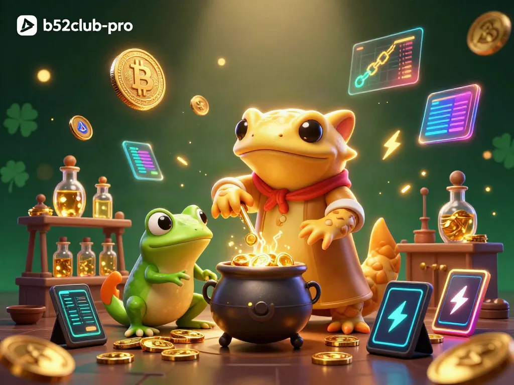 Experience b52club-pro's magical world with a golden alchemist and crypto elements.