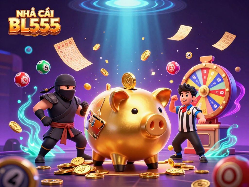 Engage with NHÀ CÁI BL555's vibrant gaming world featuring a sumo wrestler, ninja, and samurai in a dynamic 3D scene.