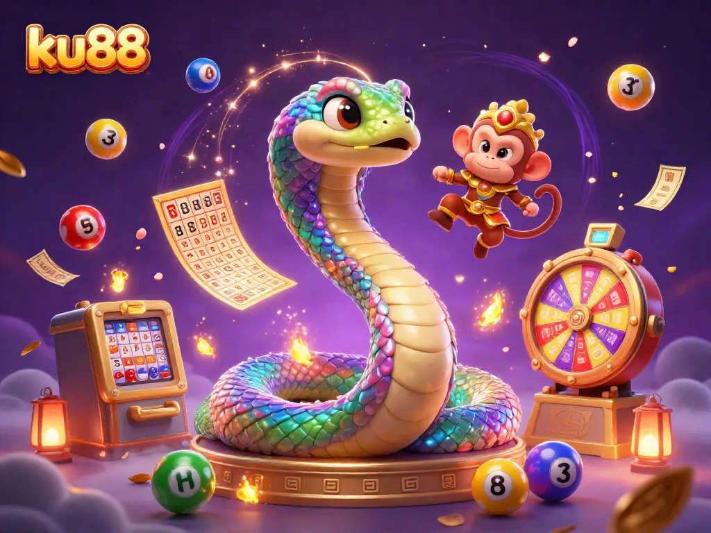 Engage in thrilling lotteries with ku88's vibrant scene featuring colorful balls and magical characters.