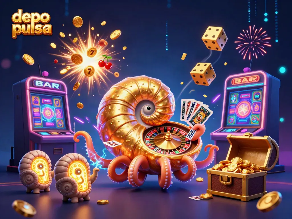 Engage in thrilling gameplay at depo pulsa with a vibrant casino illustration featuring giant nautilus and slot machines.