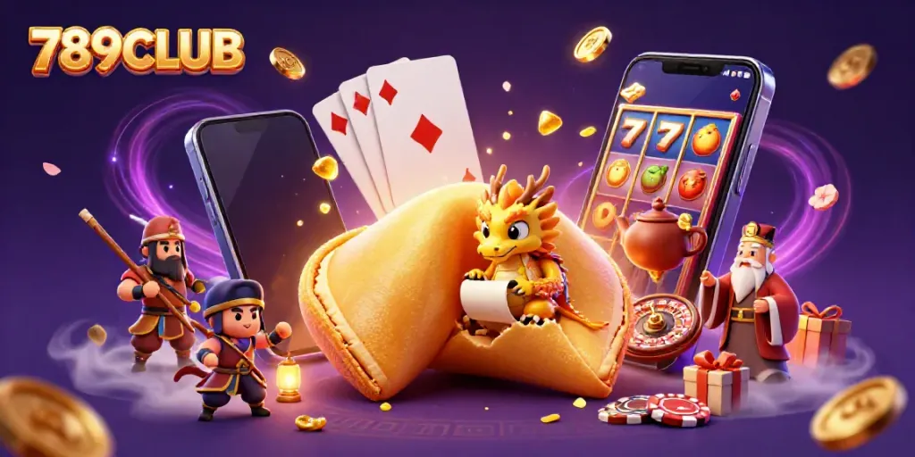 Engage in thrilling slot games with 789CLUB featuring a dragon guarding a golden fortune cookie.