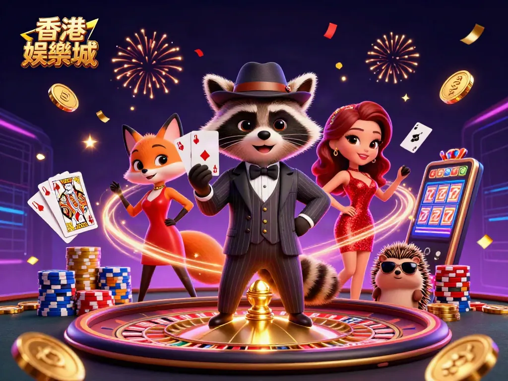 Experience the thrill of 香港娛樂城 with a charming raccoon, fox, and hedgehog in an exciting casino setting.
