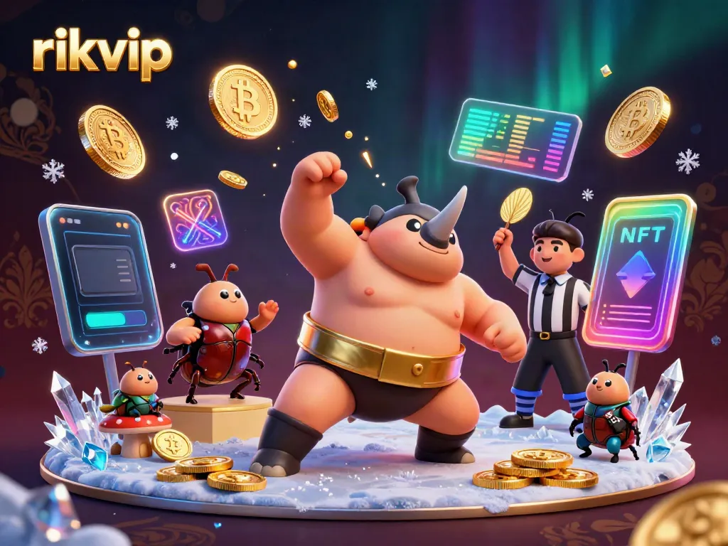 rikvip features a dynamic 3D scene of a rhinoceros beetle sumo champion kicking up coins, highlighting excitement in online gaming.