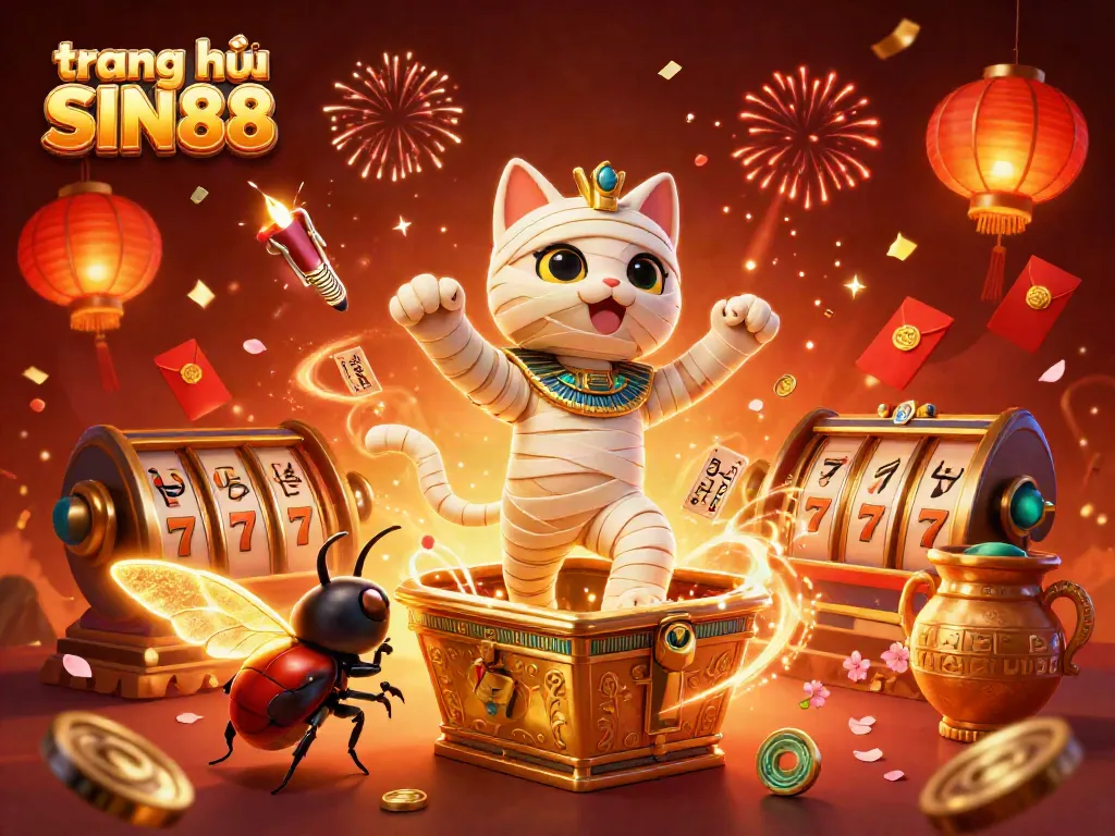 Experience thrilling gameplay at trang chủ SIN88 with the Egyptian mummy cat bursting from a sarcophagus.