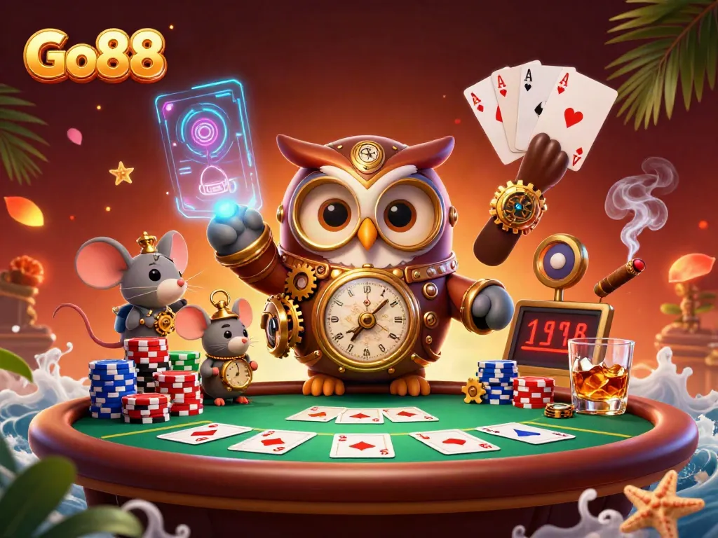 Engage with Go88 in a vibrant casino scene featuring an owl and mouse amidst poker elements.
