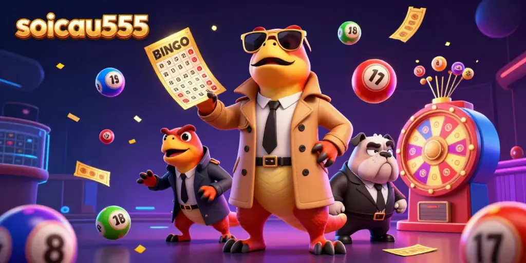 Engage with the soicau555 lottery scene as cartoon raptors seek VIP access, surrounded by vibrant elements.