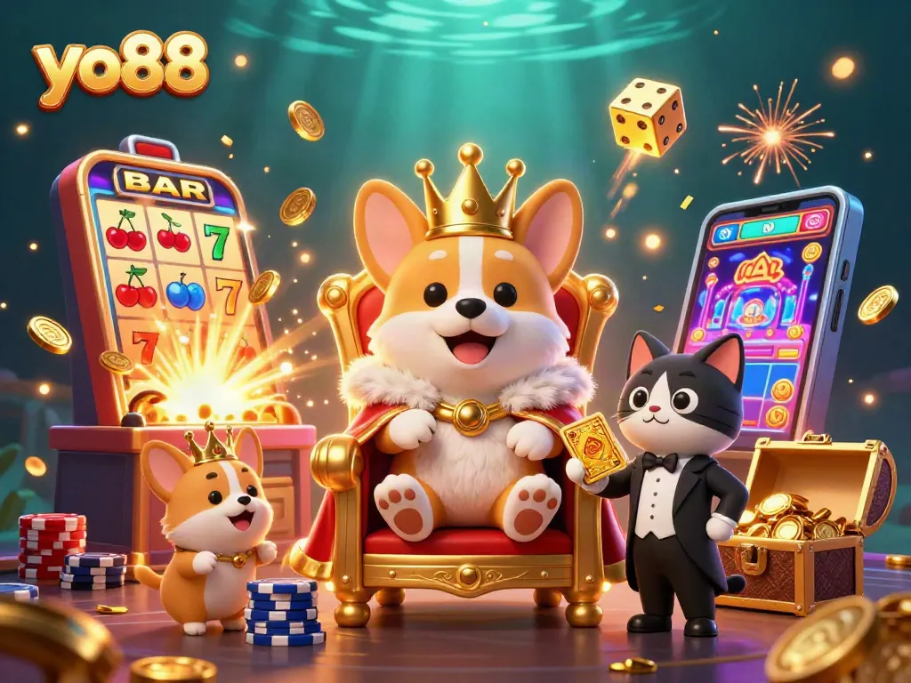 Engage in thrilling yo88 gameplay with vibrant slot machines and crowned corgi characters.