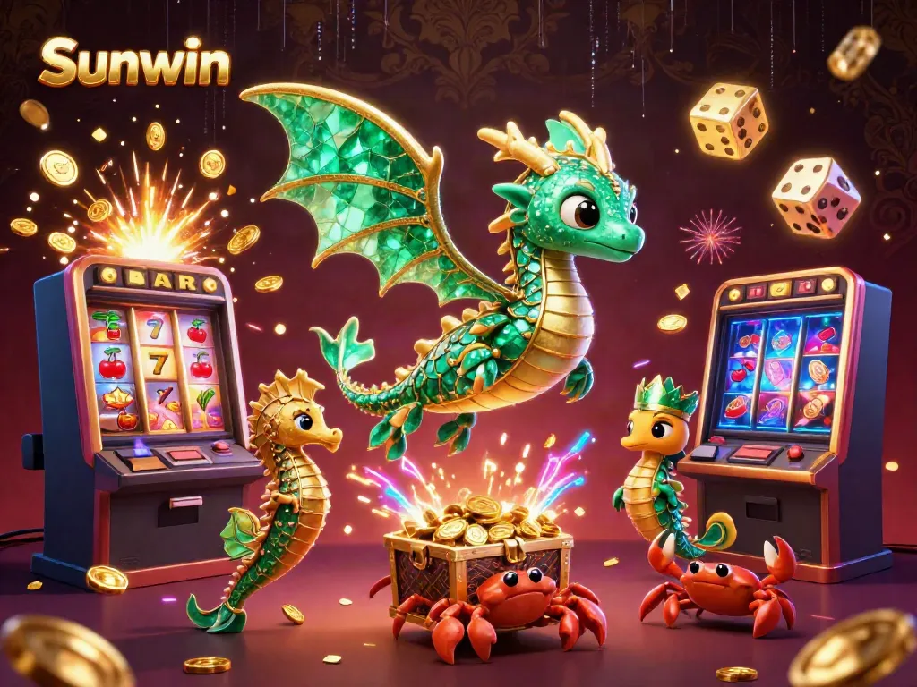Experience excitement at Sunwin with a vibrant 3D casino scene bursting with treasures and game elements.