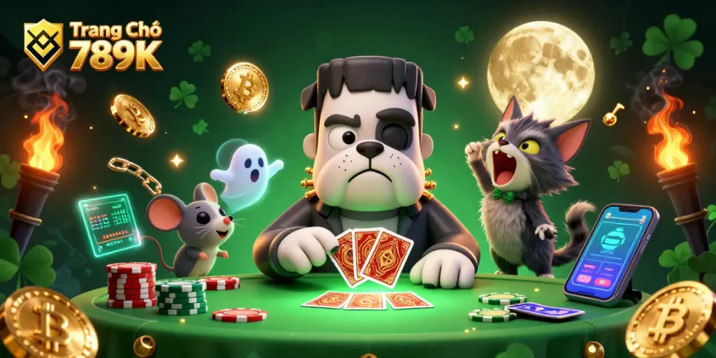 Engage in dynamic gaming action at Trang Chủ 789K with cartoon characters enjoying cards and crypto elements.