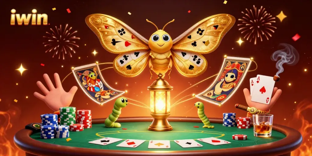iwin enhances gameplay by combining a vibrant illustration of casino moths and poker elements.