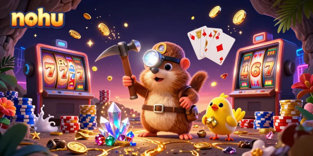 Experience thrilling gameplay in nohu with this dynamic treasure hunting scene featuring slot reels and sparkling gems.