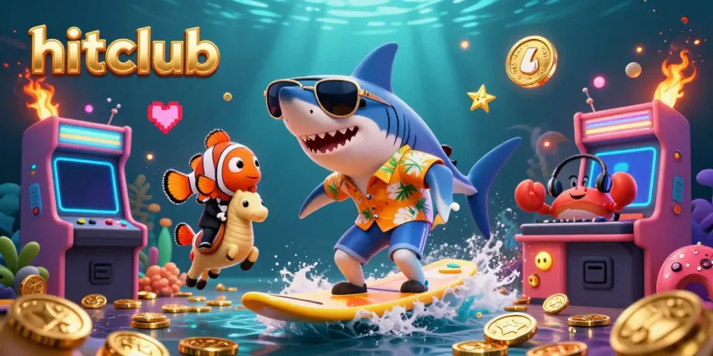 Experience the excitement with hitclub as a shark surfs on gold coins alongside whimsical sea creatures in this vibrant casino illustration.