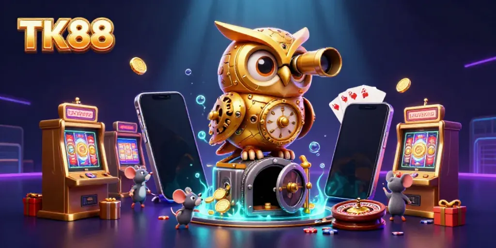 Experience exciting gameplay at TK88 with a golden owl overlooking a vibrant casino floor.
