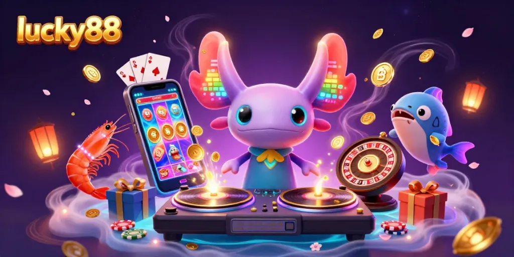 Experience excitement with lucky88, featuring an axolotl DJ and glowing shrimp at a vibrant casino scene.
