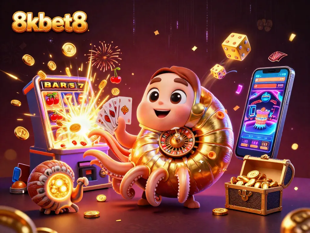 Experience the excitement at 8xbet8 with this ultra-detailed 3D casino illustration showcasing vibrant gaming elements.