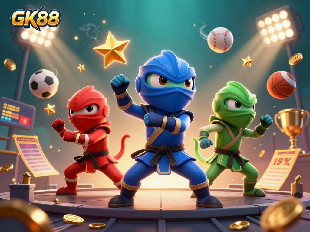 Experience thrilling sports action at GK88 with chameleons showcasing martial arts moves and vibrant casino elements.