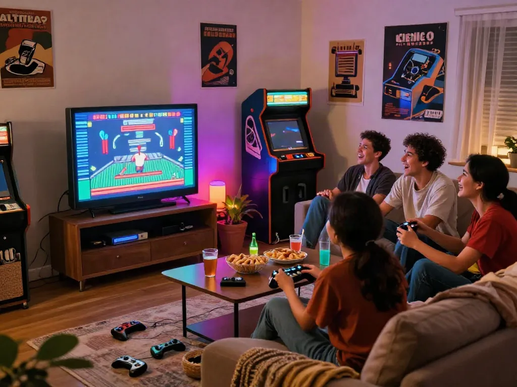 Friends enjoying classic arcade games on PECAH404 during a nostalgic game night.