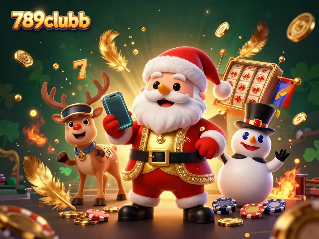 Experience payouts at 789clubb with Santa holding slot jackpots, reindeer dealer, and poker chip snowman.