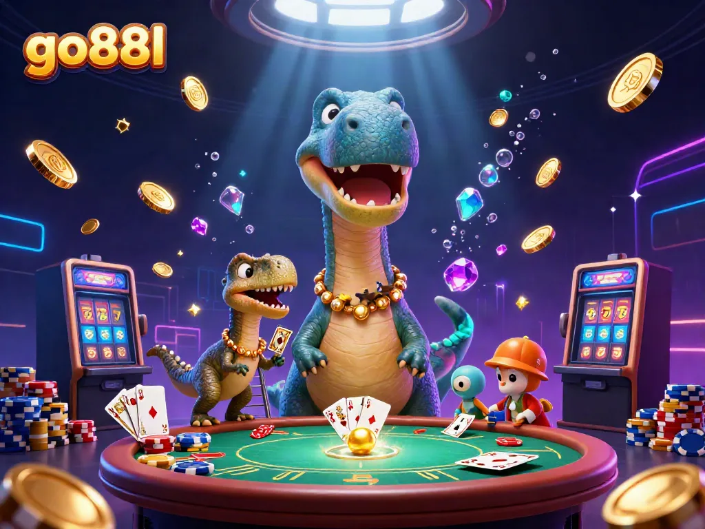 Experience the excitement at go88l with a whimsical 3D casino scene featuring a towering dinosaur and dynamic gaming elements.