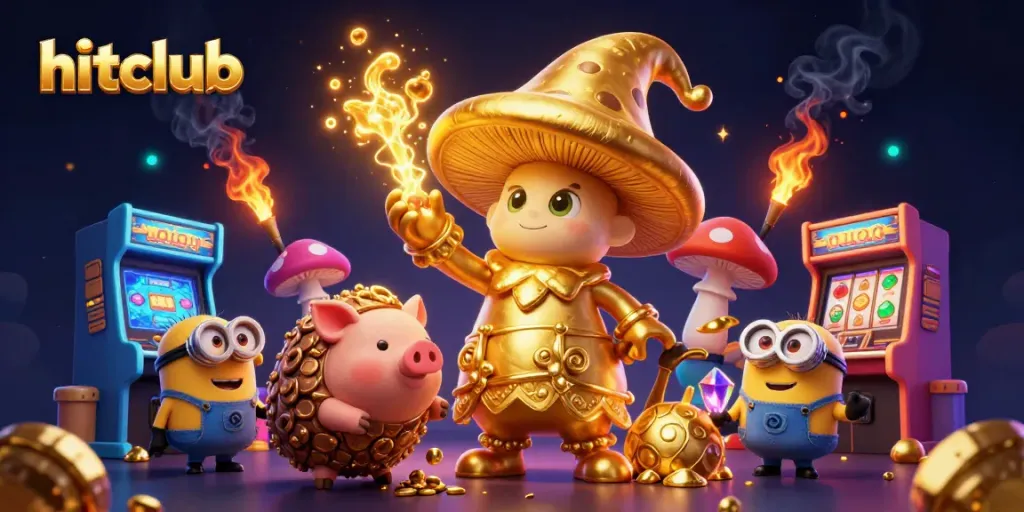 Hitclub features golden magical elements alongside vibrant slot machines in a rich casino illustration.
