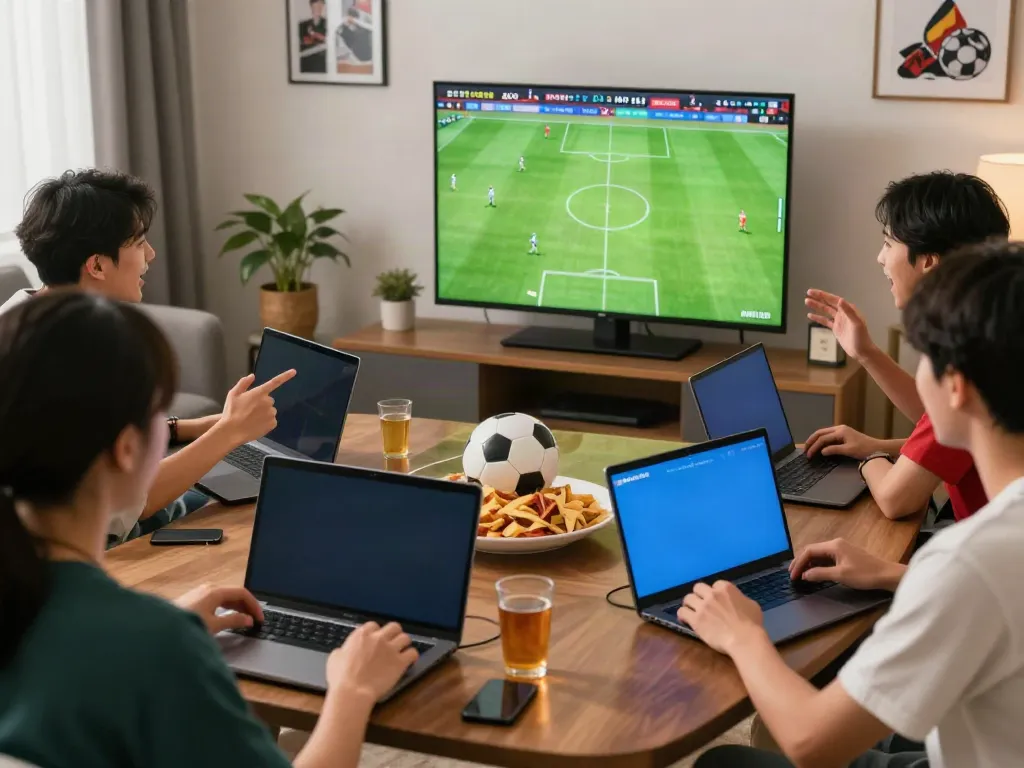Friends engaging in soccer predictions on MANTUL88 in a cozy living room.