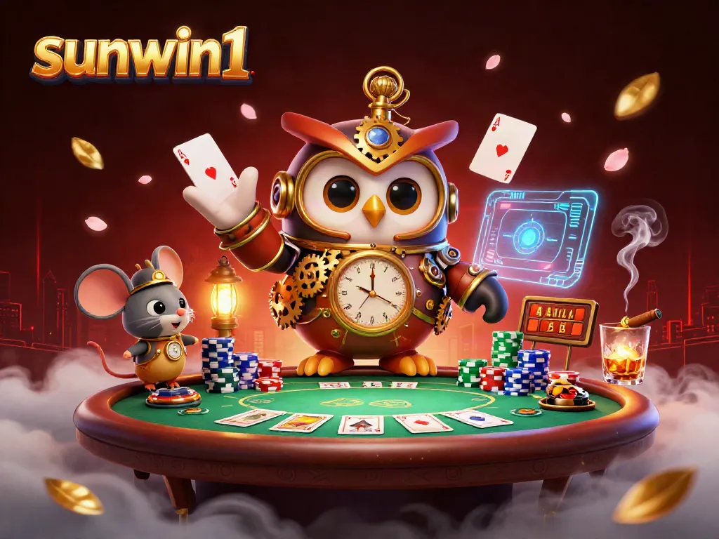 Engage in the thrill of sunwin1 with a vibrant casino scene featuring cards, chips, and golden accents.