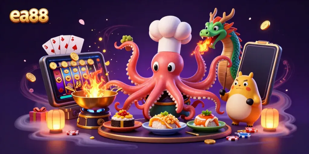 Experience exciting wins at ea88 with an immersive illustration of a cooking octopus, dragon, and tanuki in a vibrant casino.