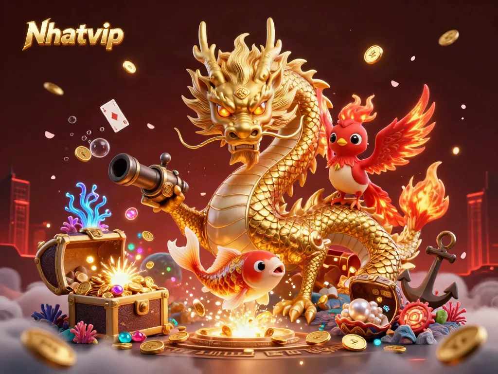 Nhatvip themed scene of a dragon and phoenix surrounded by coins, illustrating rich online gambling.