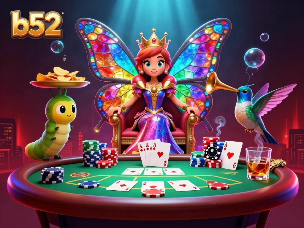 Engaging b52 casino illustration featuring a butterfly queen, poker elements, and vibrant visual effects.