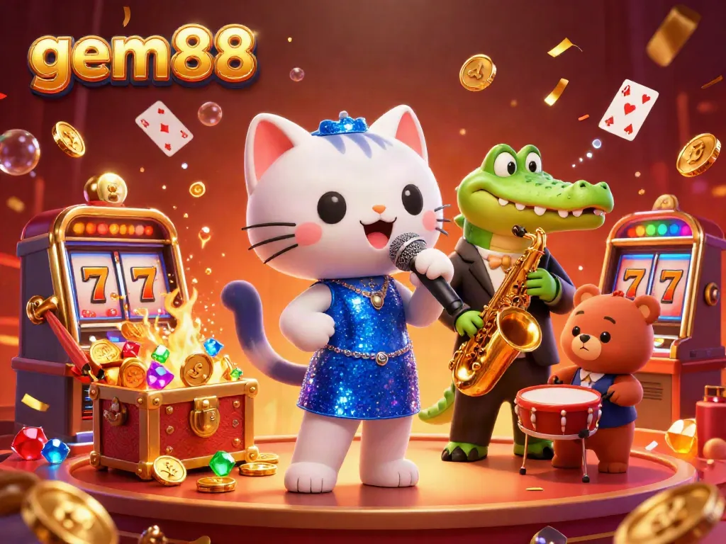 Engage with gem88’s thrilling atmosphere as a cat singer, crocodile saxophonist, and bear drummer perform in vibrant casino decor.
