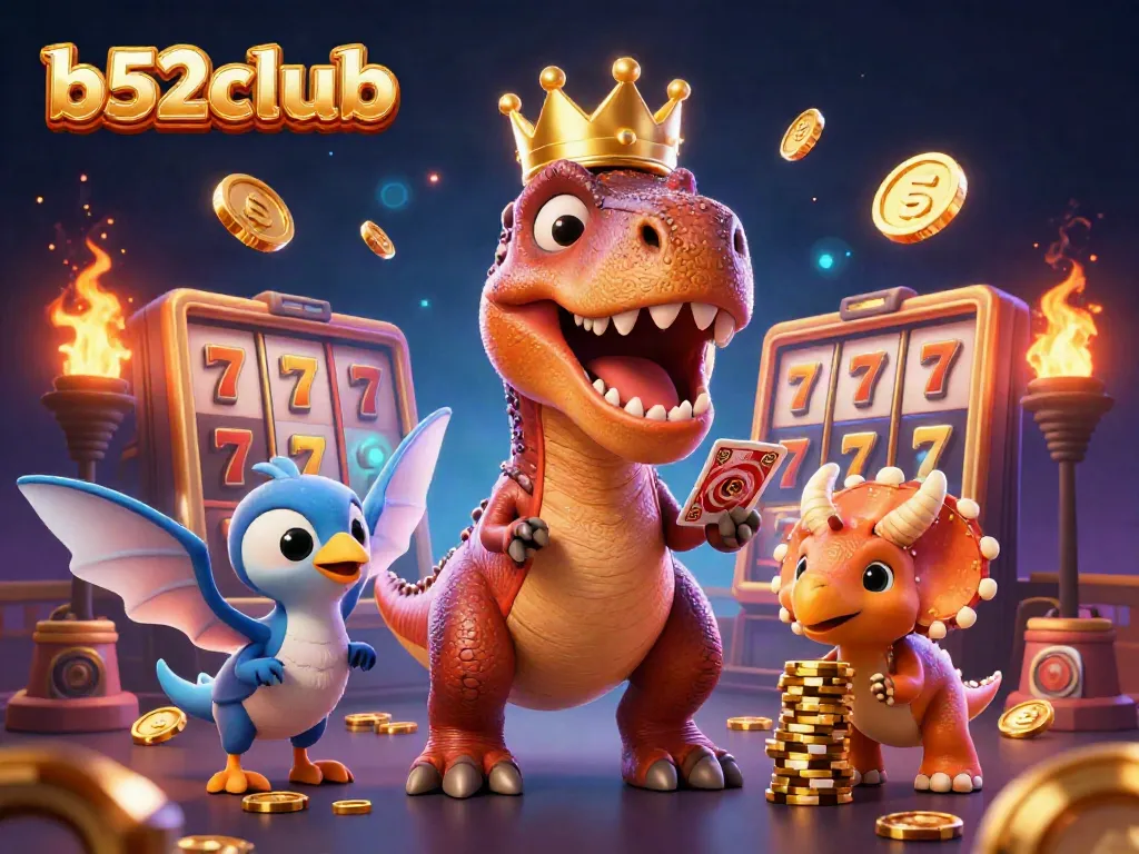 Experience thrilling action at b52clubb with a playful T-Rex and friends showcasing vibrant casino fun.