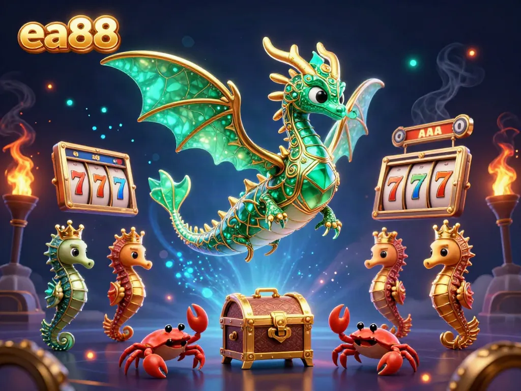 Experience the thrill of gambling with ea88's captivating treasure scene featuring an emerald sea dragon and dynamic slot elements.