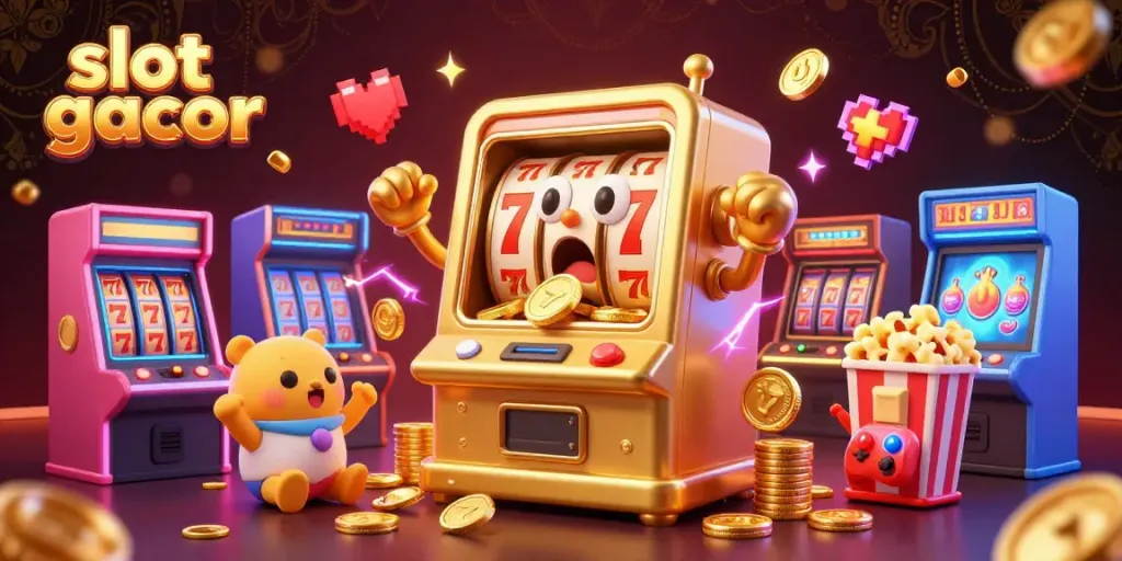 Engage with slot gacor excitement as a cartoon golden slot machine hits a jackpot, surrounded by cheering machines.