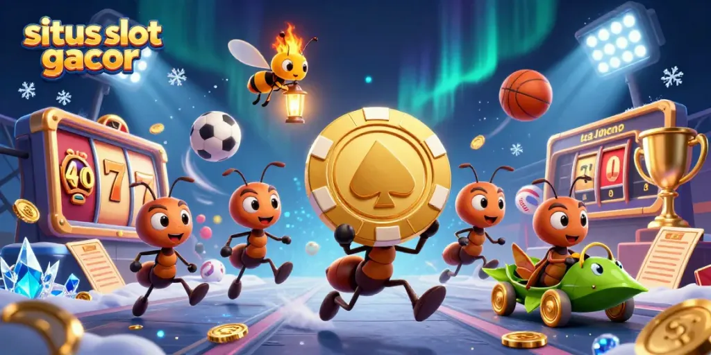 Situs slot gacor shines as ants heist a giant poker chip in a vibrant, dynamic 3D casino scene.